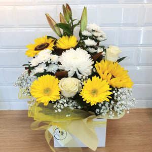Yellow and white seasonal box arrangement - Gold Coast City Florist