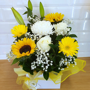 Yellow and white seasonal box arrangement - Gold Coast City Florist