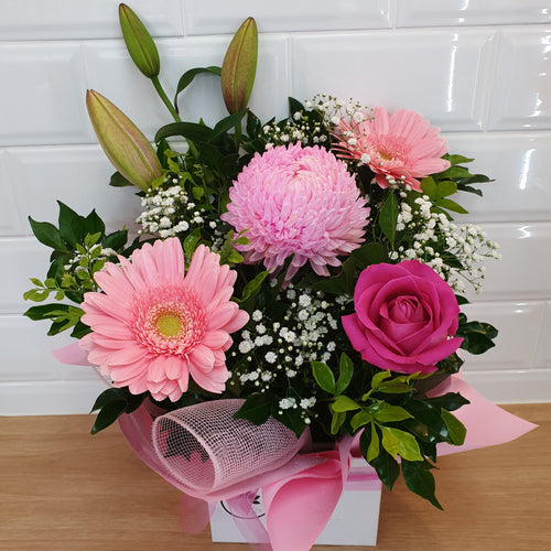 Pink and white seasonal box arrangement - Gold Coast City Florist