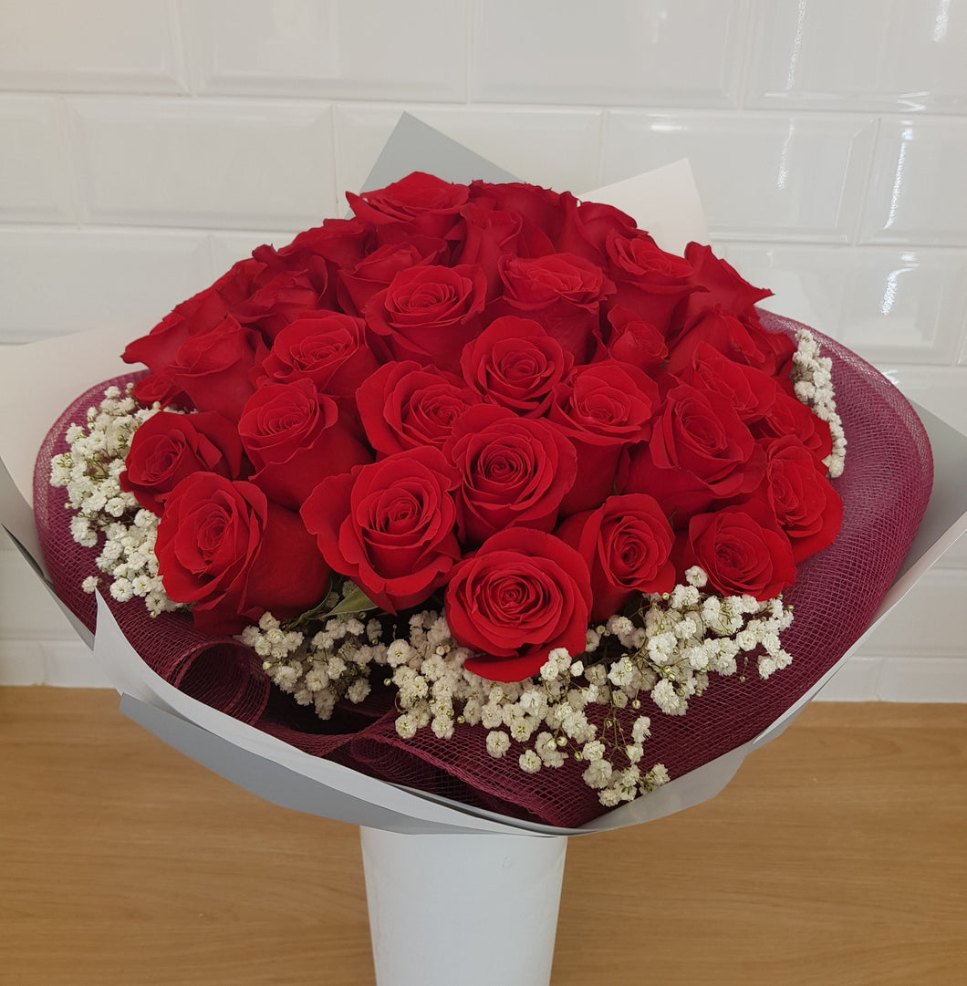 50 red rose bouquet with baby's breath - Gold Coast City Florist