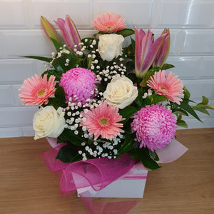 Pink and white seasonal box arrangement - Gold Coast City Florist