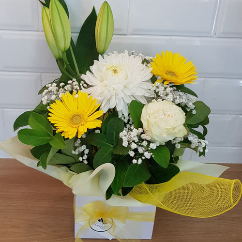 Yellow and white seasonal box arrangement - Gold Coast City Florist